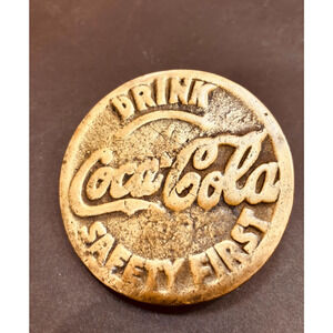 Vintage Coca Cola Safety First Sidewalk Marker Brass Advertising Sign Industrial